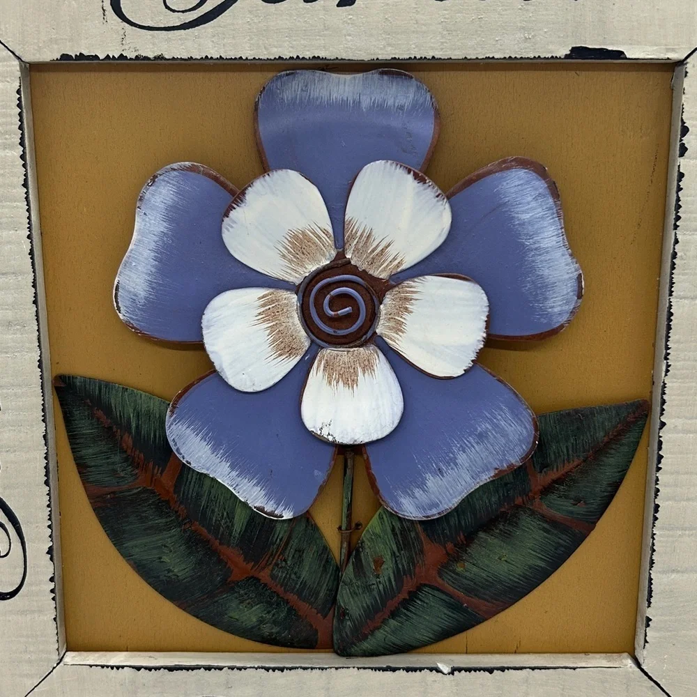 Sculpted Metal Flower Wall Hanging With a Rustic Wooden Frame Size 12x12 inches.